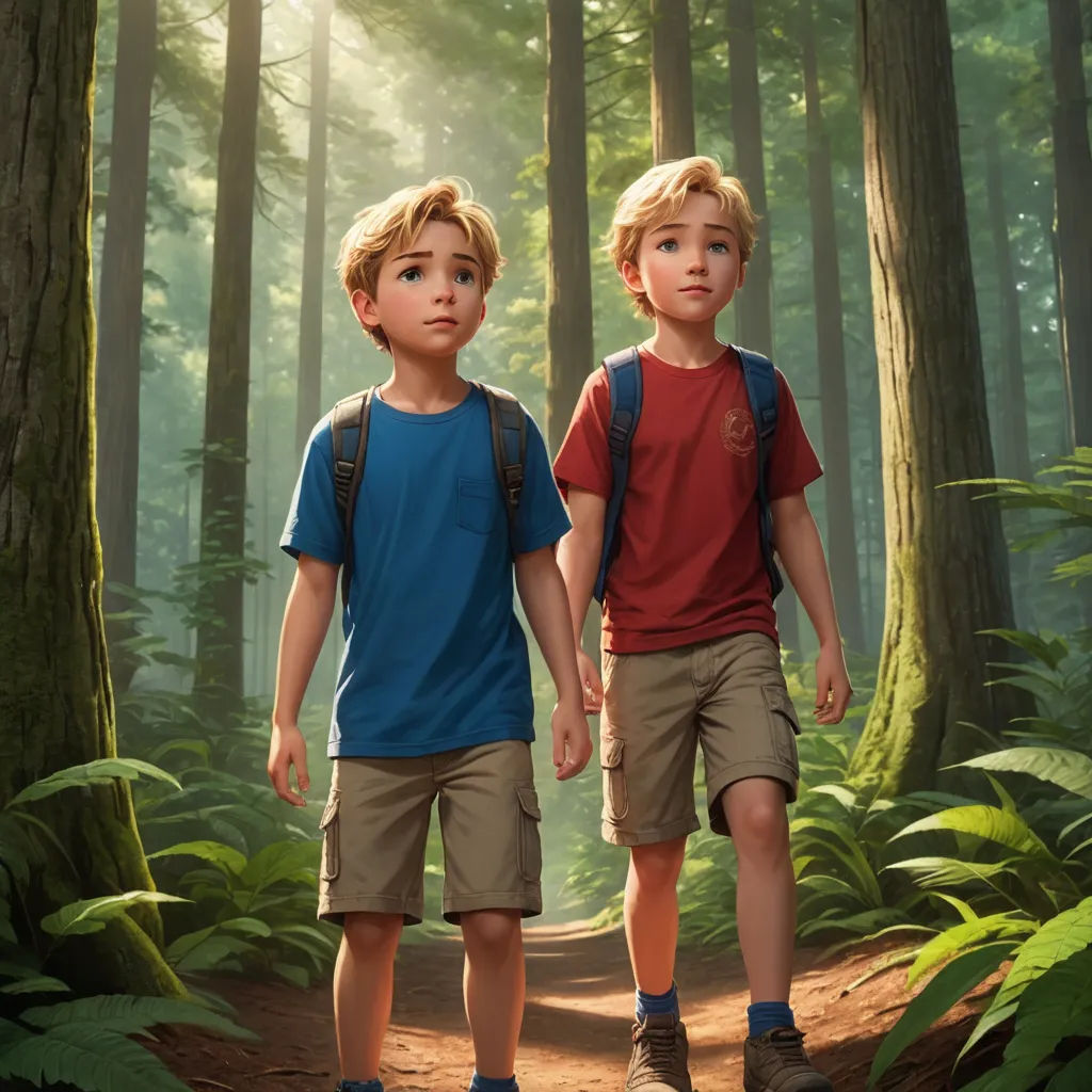 two young boys walking through a forest with a backpack on their shoulders and a backpack on their back,, sots art, a digital painting, Brothers Hildebrandt, rossdraws global illumination