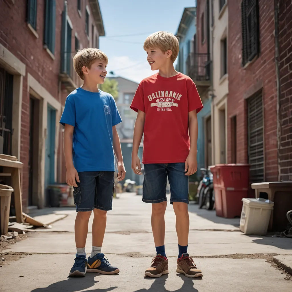 two young boys standing on a sidewalk in front of a building with a red brick wall and a blue door, viennese actionism, a tilt shift photo, Christian Hilfgott Brand, promotional image