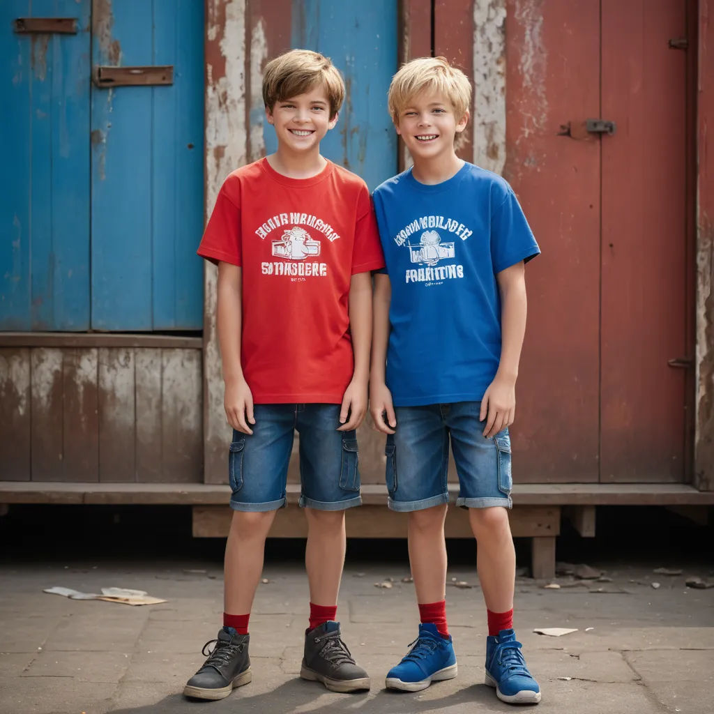 two young boys standing next to each other in front of a building with blue doors and a red door, de stijl, a flemish Baroque, Christian Hilfgott Brand, product photo