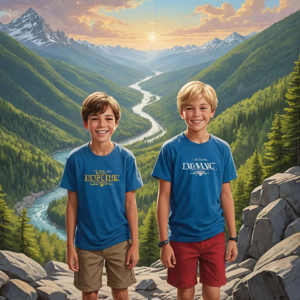 two boys standing in front of a painting of a valley and mountains with a river running through it and a mountain range in the background, american scene painting, a detailed matte painting, Brothers Hildebrandt, kinkade
