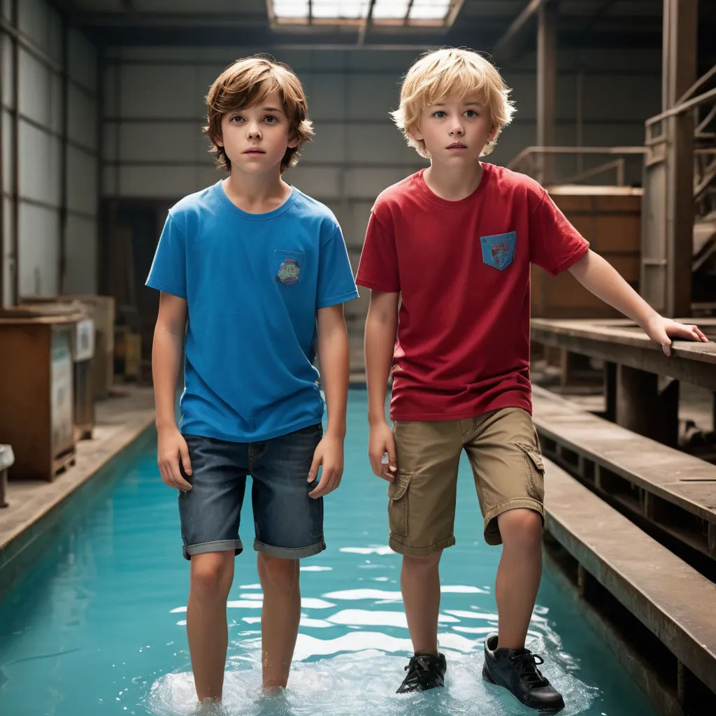 two young boys standing in a factory pool with their hands on the edge of the pool and looking at the camera, hyperrealism, a photorealistic painting, Caspar Wolf, promotional image