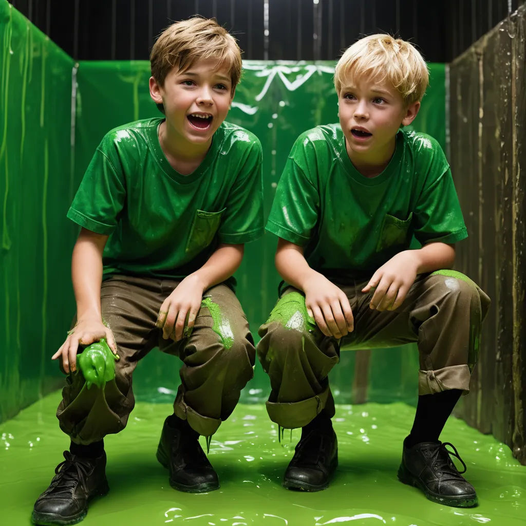 two boys in green shirts are sitting on a green floor with green paint on them and one boy is holding a green object, action painting, concept art, Felix-Kelly, green