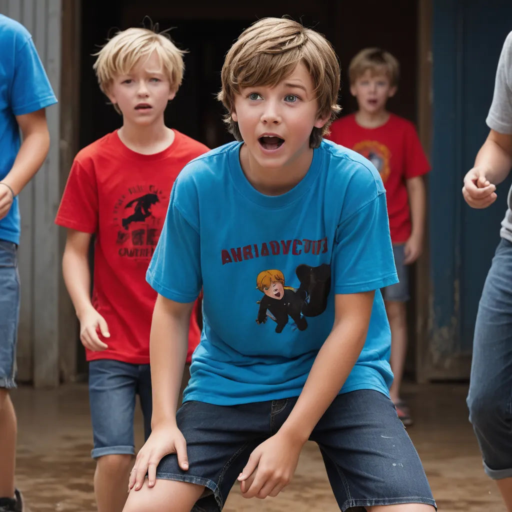 a group of young boys standing around each other in front of a building with a boy in the middle of the group, kitsch movement, a stock photo, August Lemmer, movie still