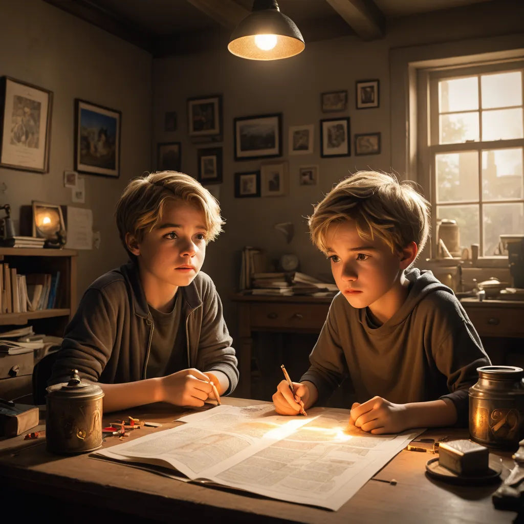 two boys sitting at a table with a book and pen in front of them, looking at a book, art & language, a detailed matte painting, Anne Said, promotional image