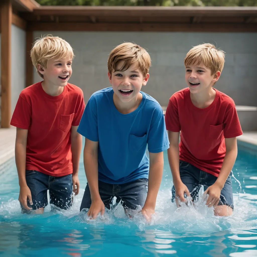 three boys are playing in a pool together and smiling for the camera while wearing red and blue shirts and blue shorts, barbizon school, a stock photo, Christian Hilfgott Brand, promotional image