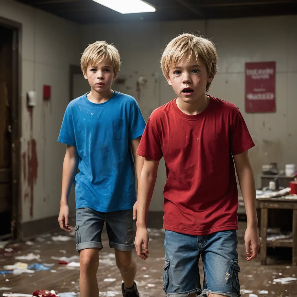 two boys walking through a room with a mess on the floor and a door in the background with a sign on the wall, action painting, concept art, Clark Voorhees, promotional image