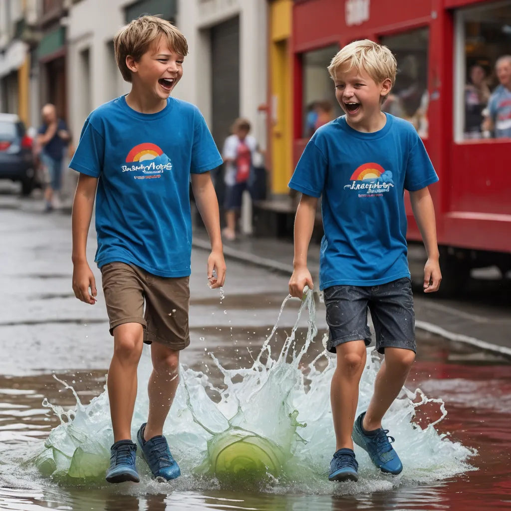 two boys playing in a puddle with a ball and water hose in the street while people watch from the side walk, kitsch movement, a stock photo, Adriaen Isenbrant, summer vibrancy