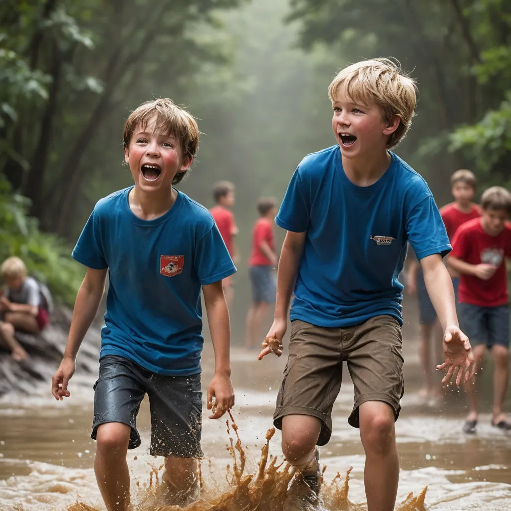 two boys are playing in a muddy river together while others watch from the sidelines of the riverbank, heidelberg school, a stock photo, Daniel Lieske, award - winning photo