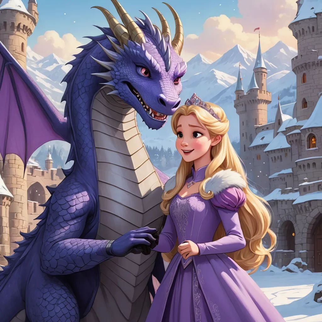 a cartoon of a princess and a dragon in front of a castle with snow on the ground and mountains, furry art, a storybook illustration, disney, official art