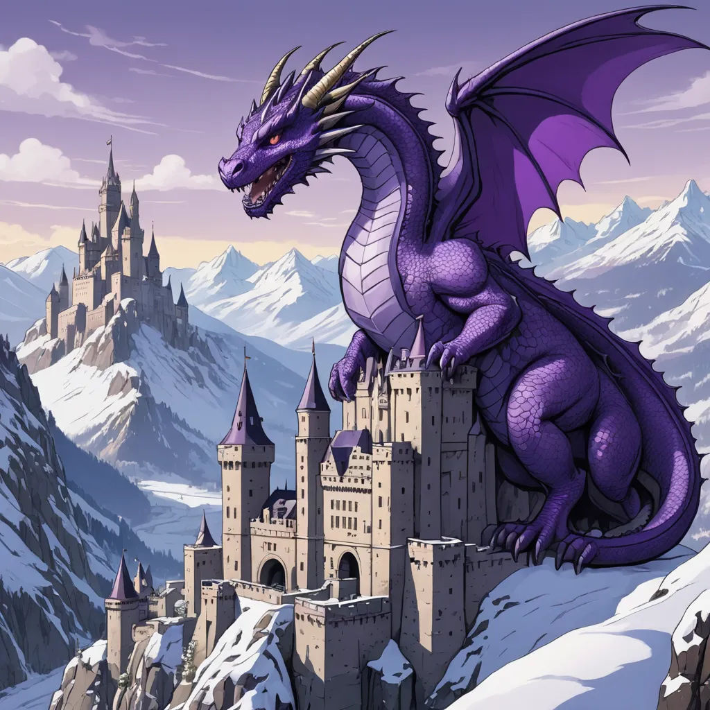 a purple dragon sitting on top of a castle in the snow with mountains in the background and a purple sky, fantasy art, a storybook illustration, Anne Stokes, dragon art