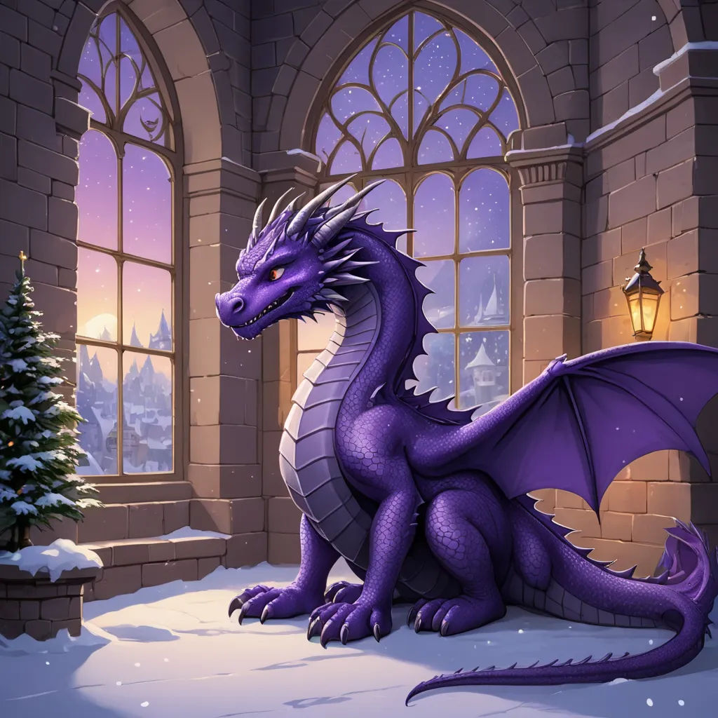 a purple dragon sitting in front of a window in a snowy castle with a christmas tree in the foreground, fantasy art, a storybook illustration, Anne Stokes, dragon art