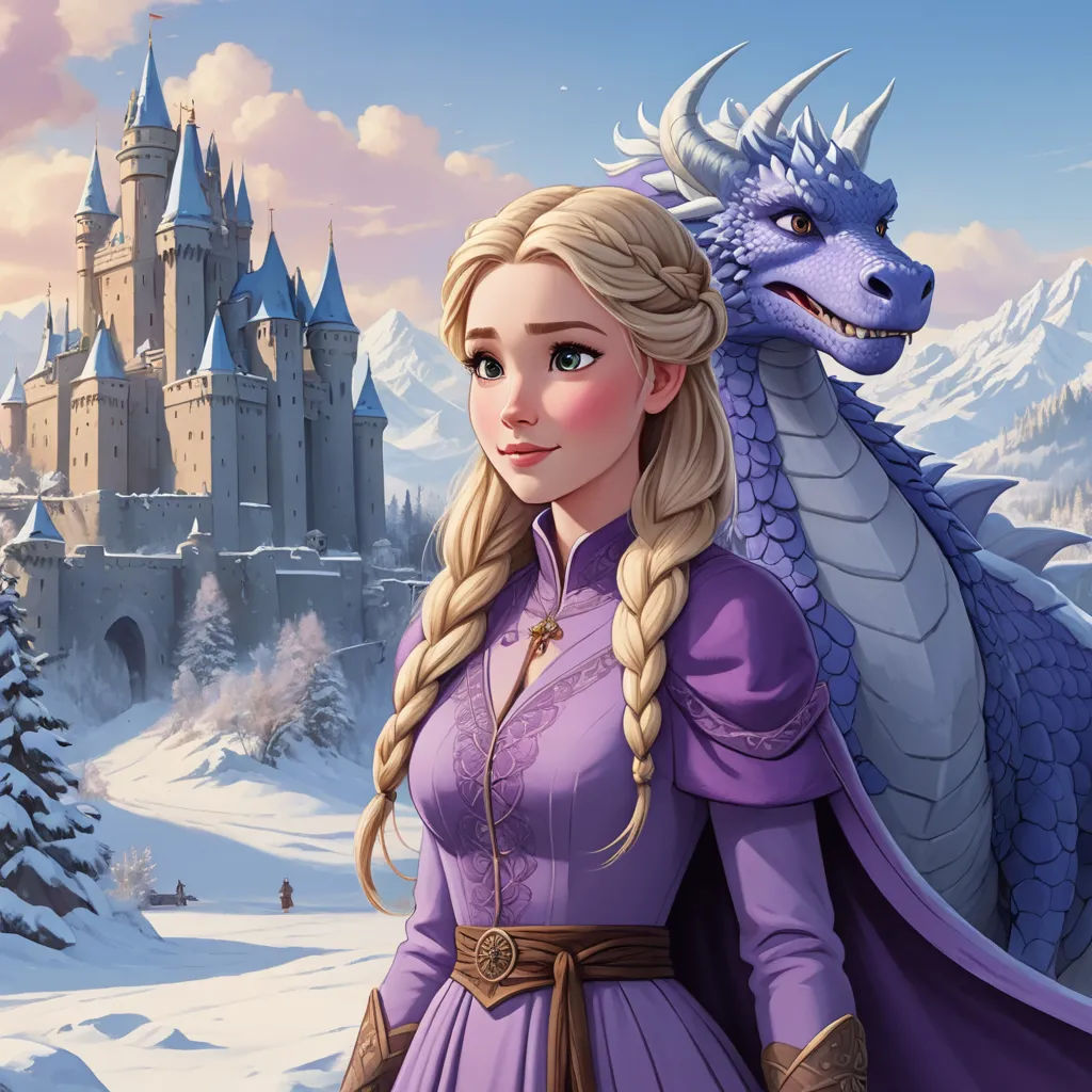 a woman in a purple dress standing next to a dragon in front of a castle with snow on the ground, sots art, a storybook illustration, disney, official art