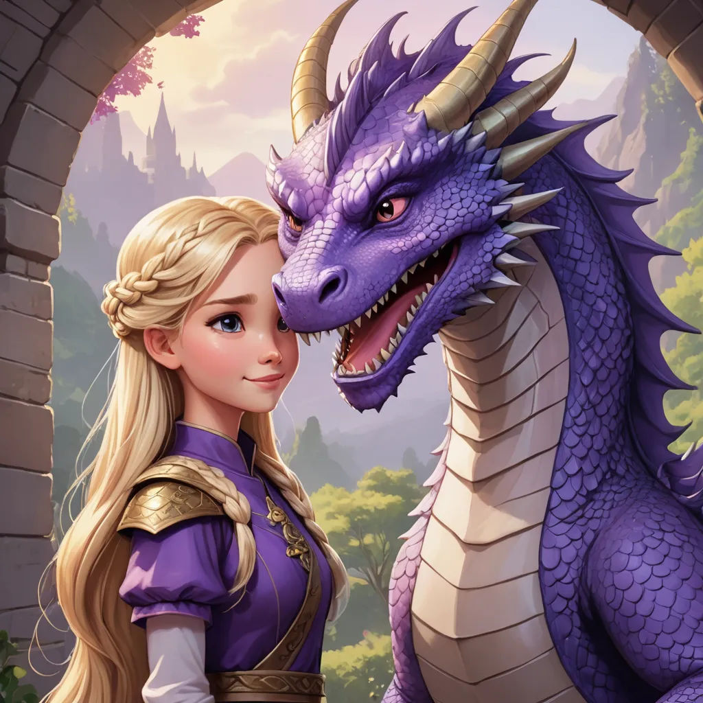 a beautiful blonde haired woman standing next to a dragon in a castle doorway with a purple dragon on her shoulder, sots art, concept art, Artgerm, official art