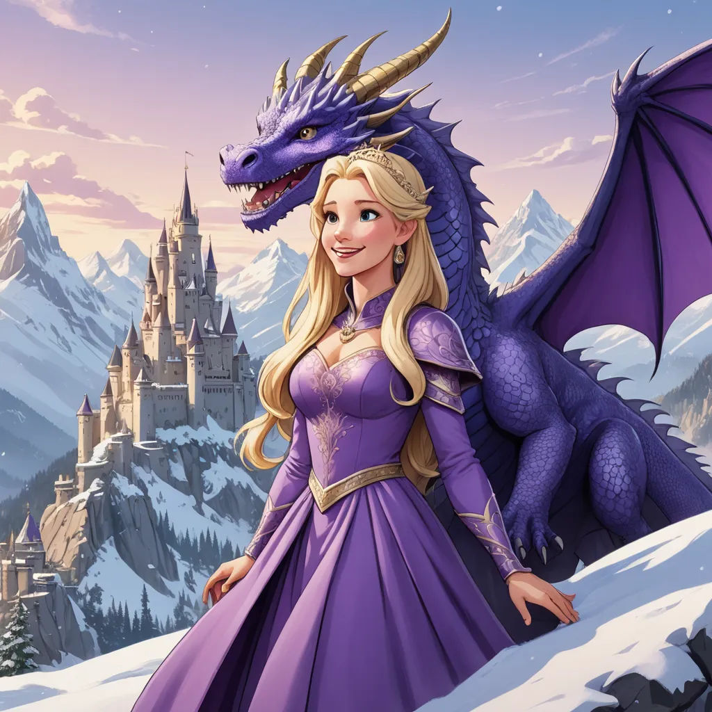 a cartoon of a woman in a purple dress with a dragon on her head and a castle in the background, fantasy art, a storybook illustration, disney, official art