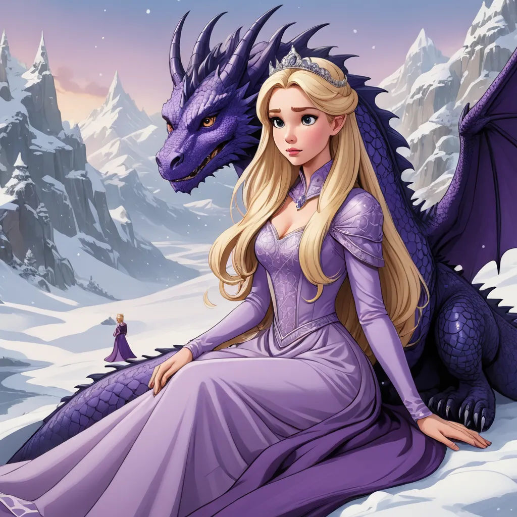 a woman in a purple dress sitting next to a dragon on a snowy hill with a snow covered mountain behind her, fantasy art, a storybook illustration, Anne Stokes, dragon art