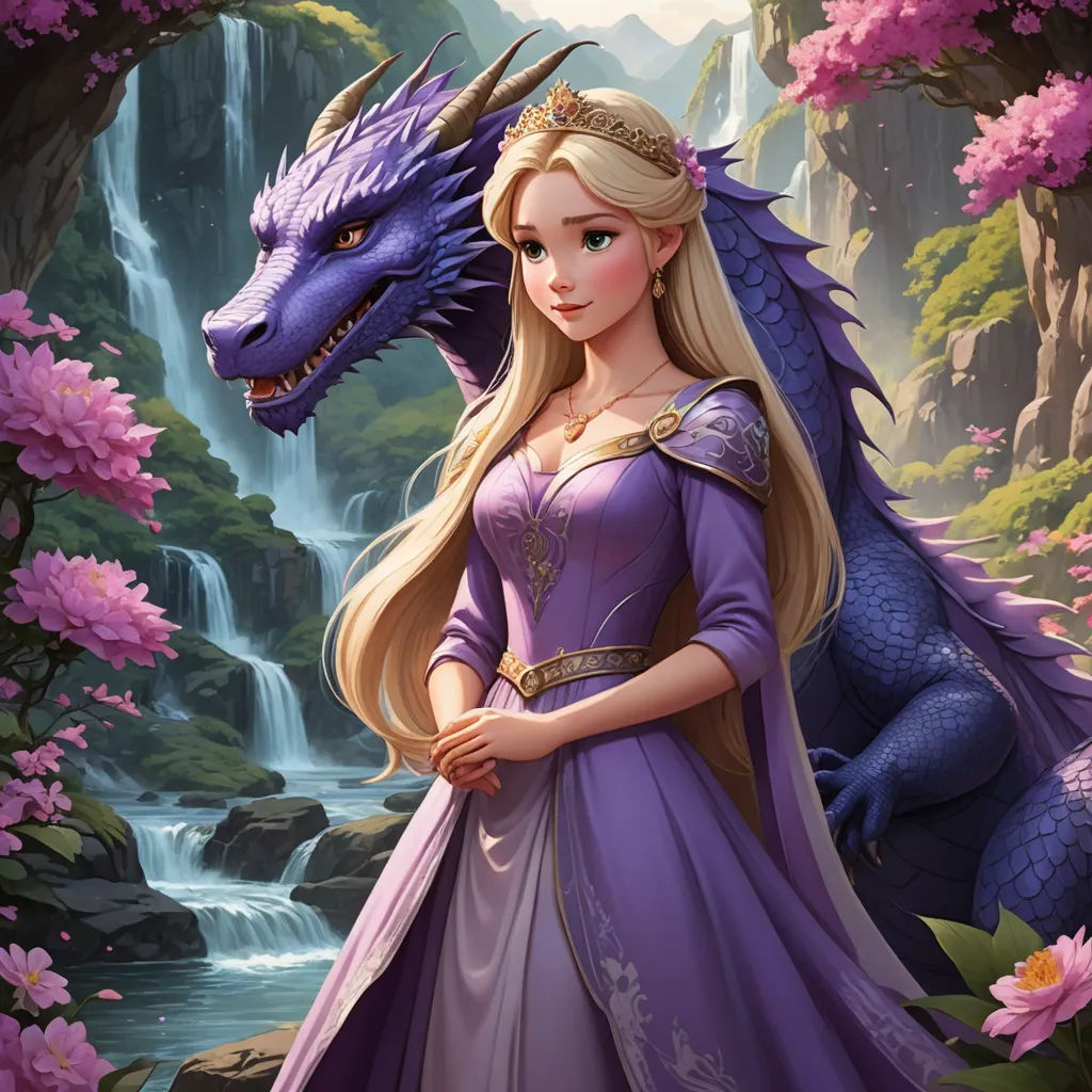a beautiful blonde haired woman in a purple dress next to a dragon and waterfall with pink flowers in the background, fantasy art, a storybook illustration, Anne Stokes, dragon art