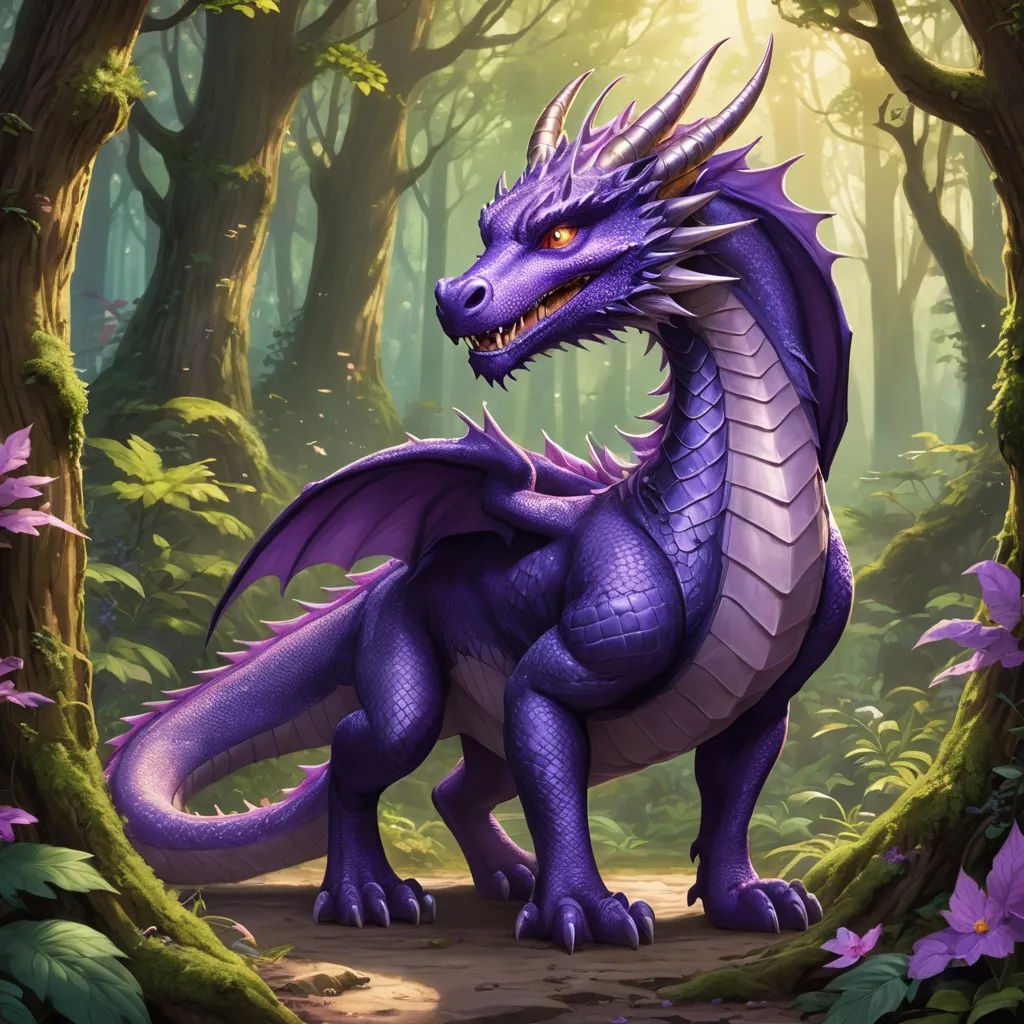 a purple dragon standing in a forest with purple flowers and trees around it, with a bright light shining on the dragon's head, fantasy art, concept art, Anne Stokes, purple