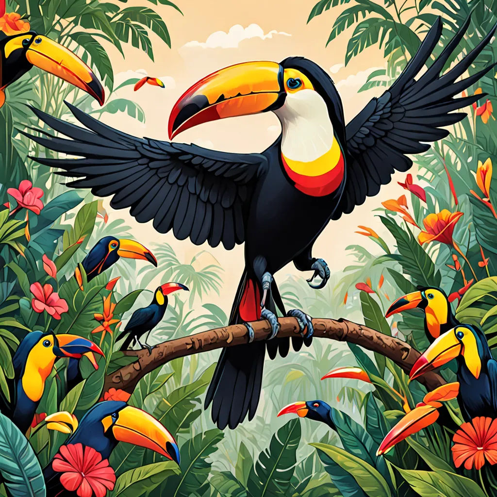 a painting of a toucan bird on a branch with many tropical flowers and leaves around it, with a sky background, psychedelic art, poster art, Chris LaBrooy, tristan eaton