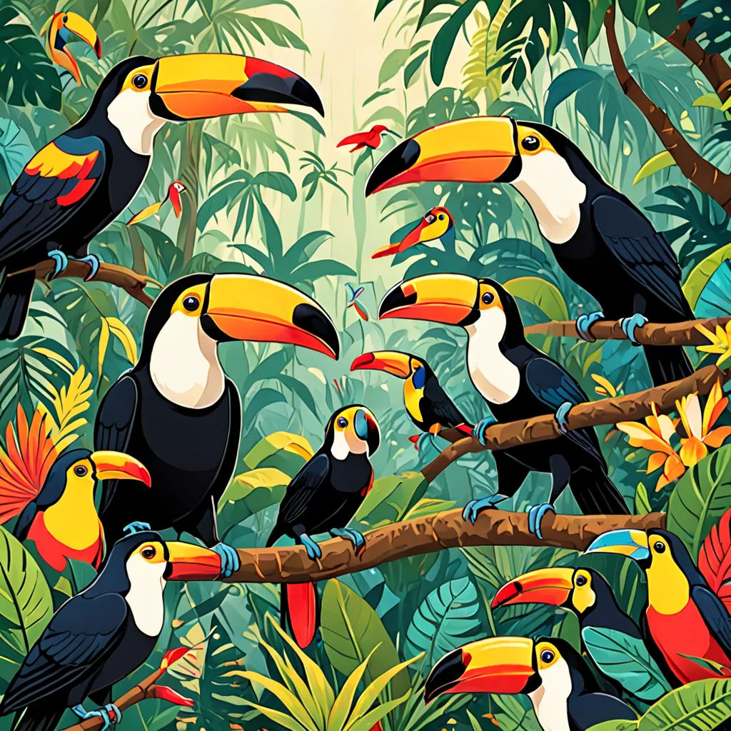 a group of birds sitting on top of a tree branch in a forest filled with leaves and plants,, maximalism, a storybook illustration, Chris LaBrooy, josan gonzales and dan mumford