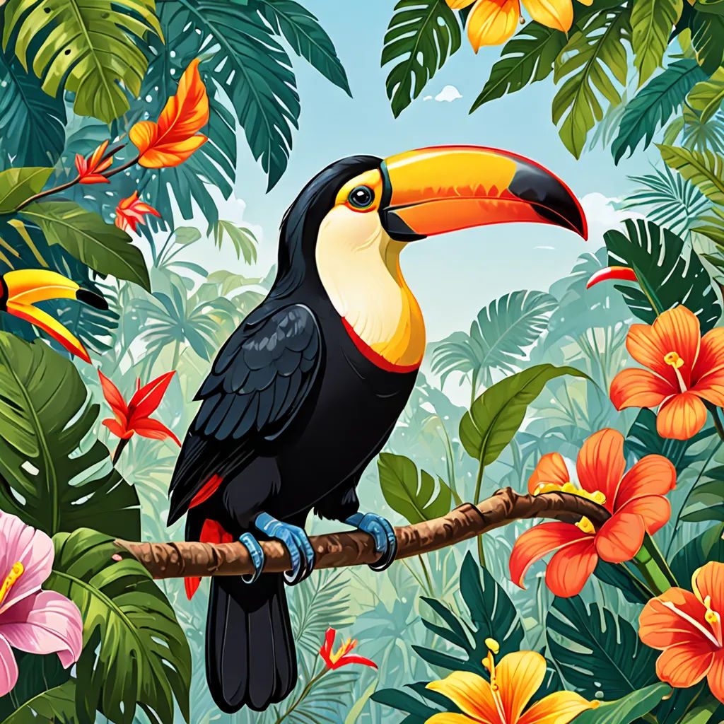 a toucan bird sitting on a branch in a tropical forest with flowers and leaves on a sunny day, naive art, a storybook illustration, Chris LaBrooy, highly detailed digital painting
