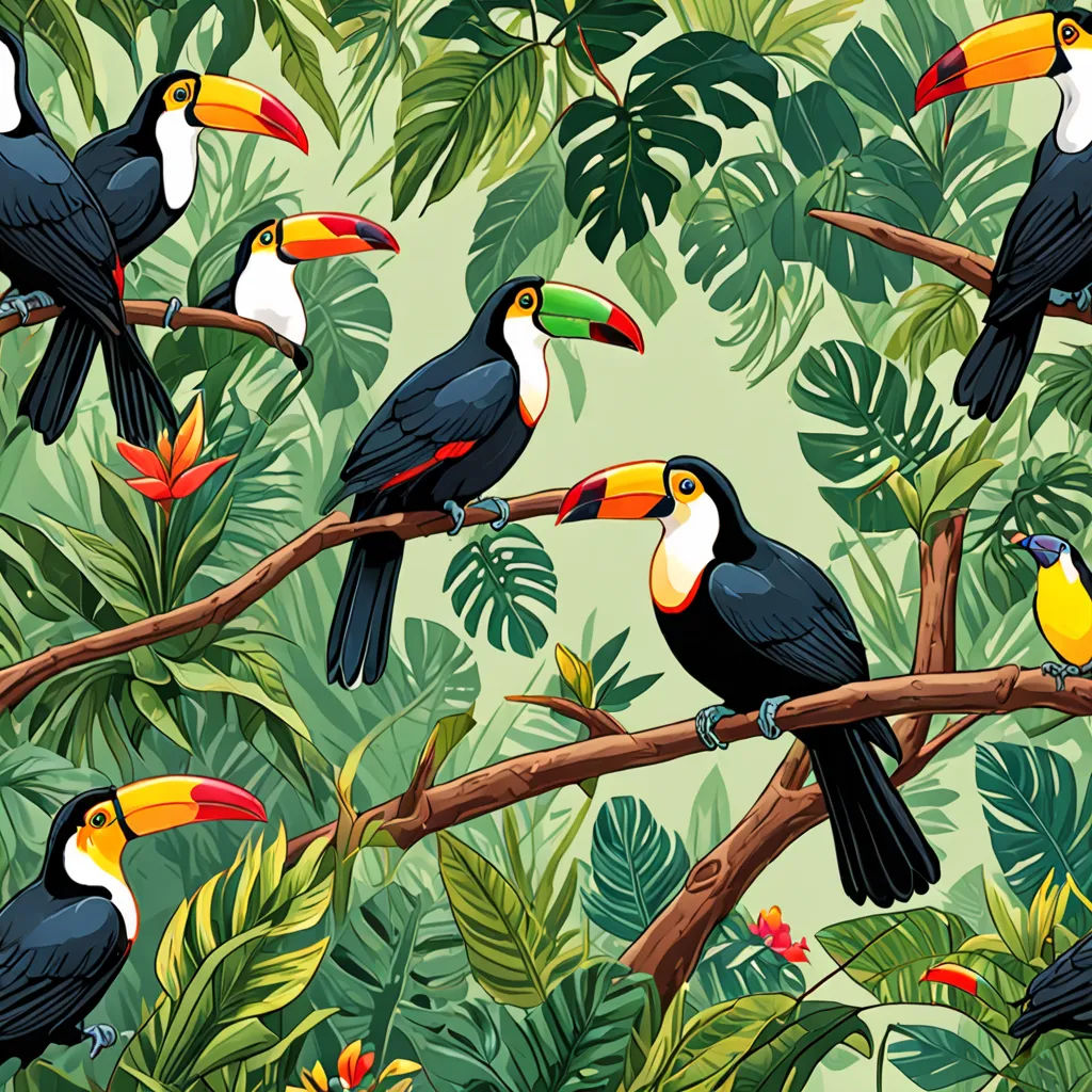 a group of birds sitting on top of a tree branch in a forest filled with leaves and flowers,, naturalism, a jigsaw puzzle, Chris LaBrooy, detailed illustration