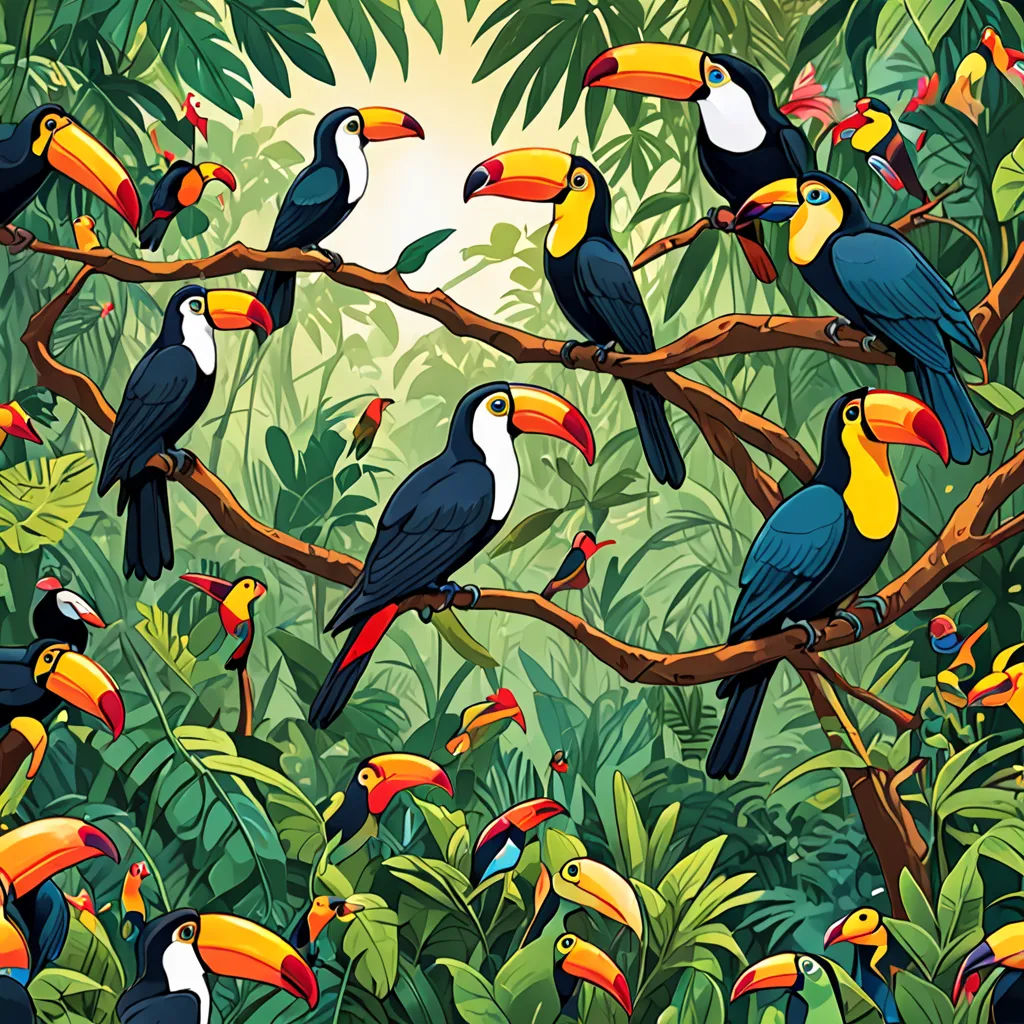 a painting of a group of birds sitting on a branch in a jungle with many other birds around it, naturalism, a storybook illustration, Chris LaBrooy, josan gonzales and dan mumford