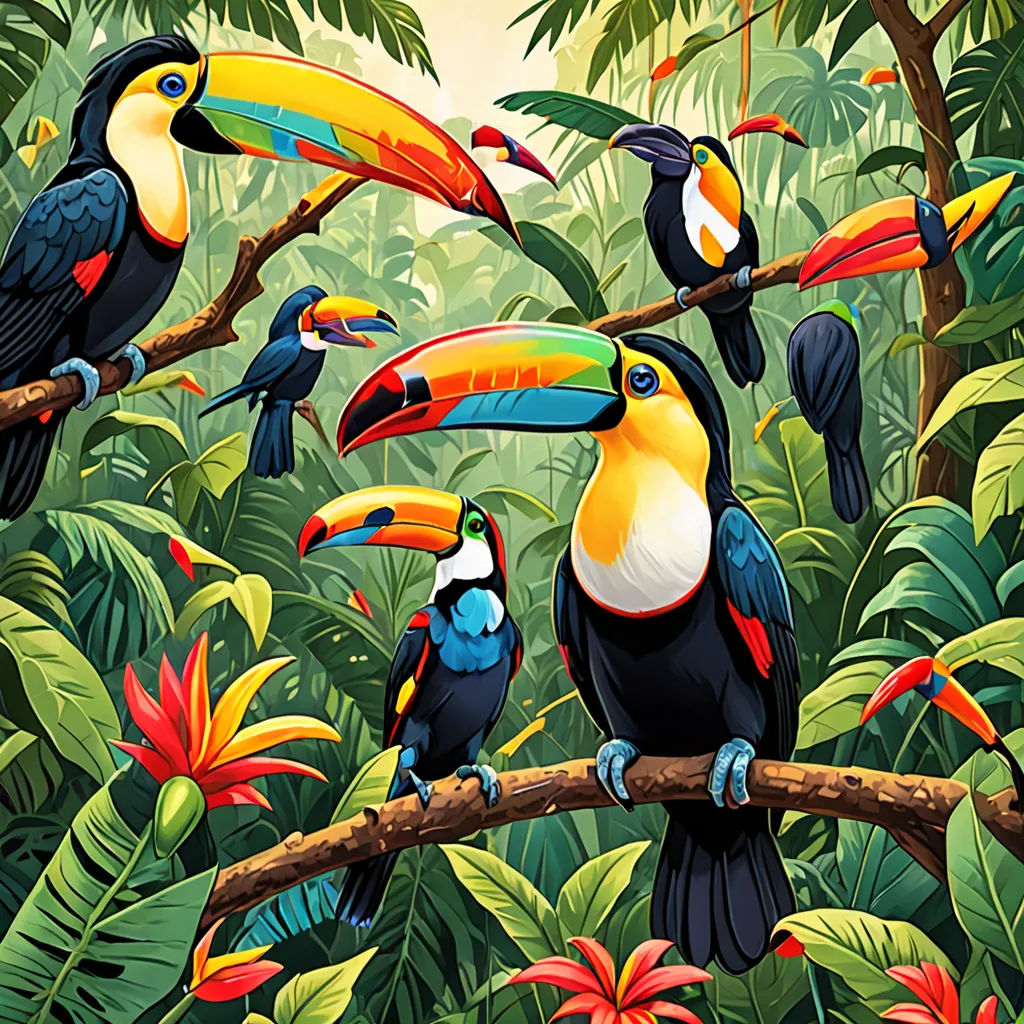 a painting of a group of birds sitting on a branch in a jungle with tropical plants and flowers around, psychedelic art, poster art, Chris LaBrooy, josan gonzales and dan mumford
