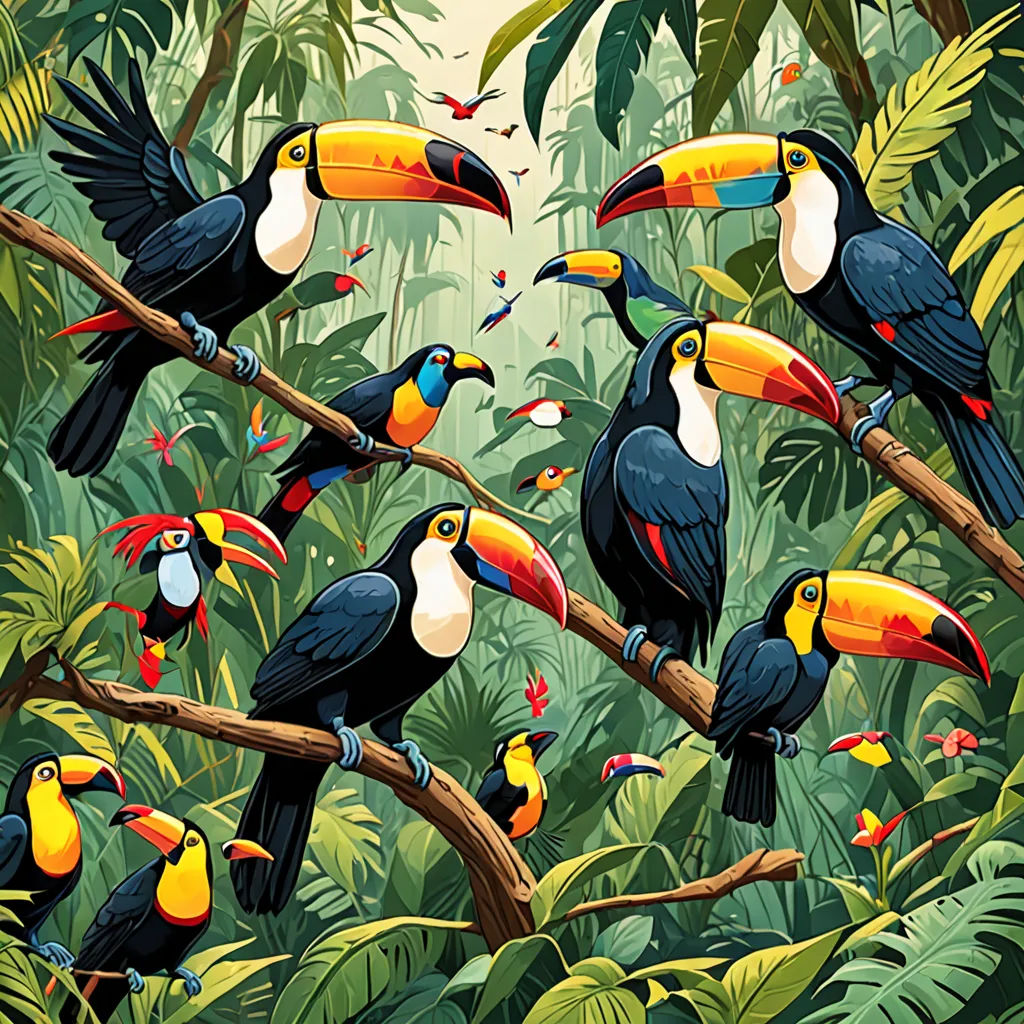 a painting of a group of toucans on a tree branch in a jungle with birds and leaves, naturalism, a jigsaw puzzle, Chris LaBrooy, birds