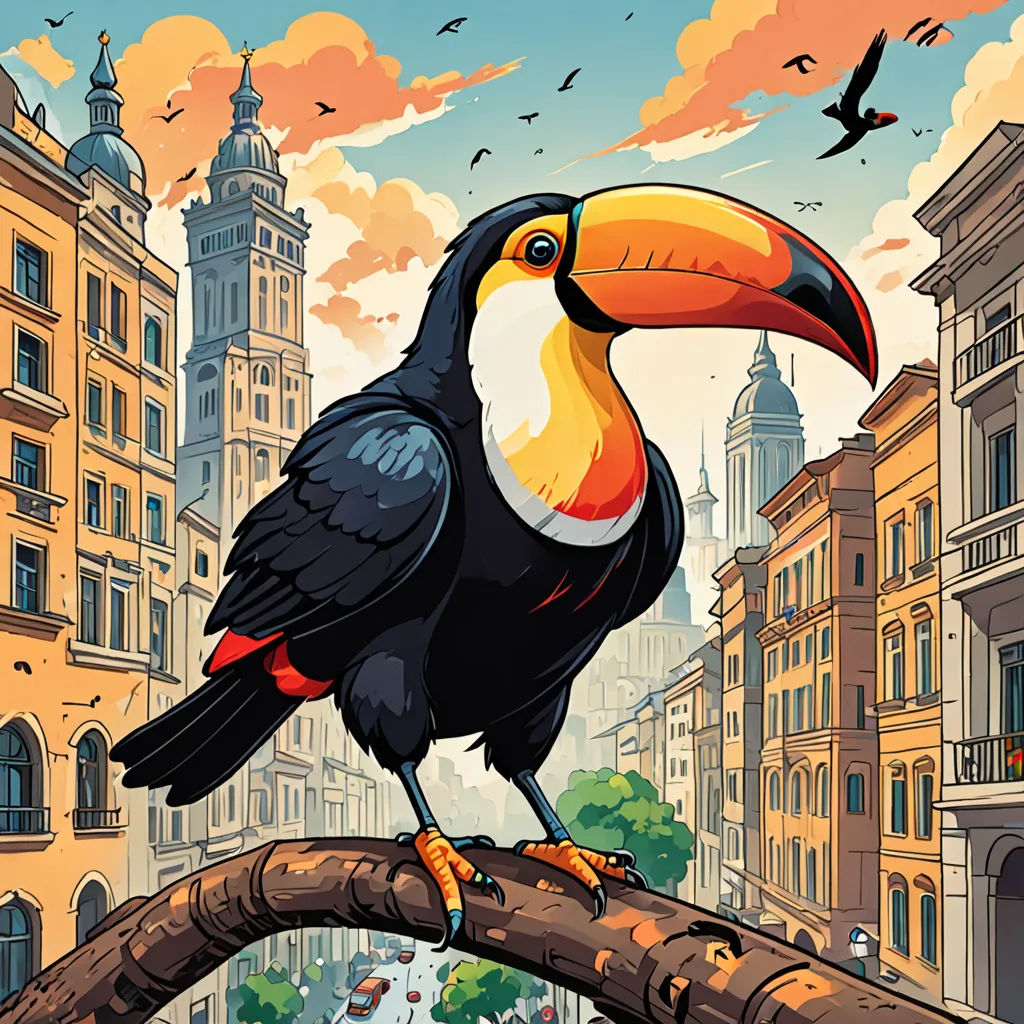 a colorful bird sitting on a branch in a city with birds flying around it and buildings in the background, magic realism, a storybook illustration, Diego Gisbert Llorens, high detail illustration