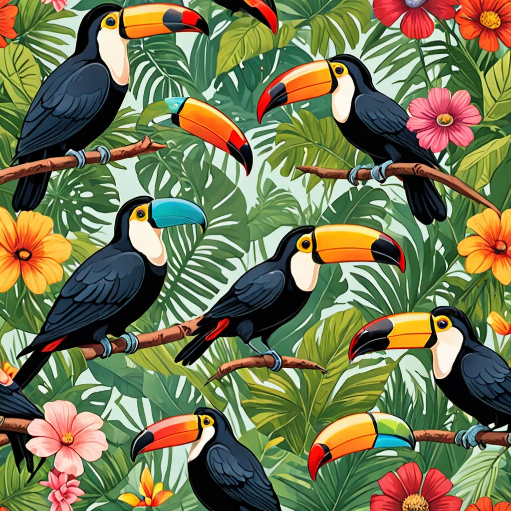 a tropical pattern with toucans and flowers on a green background with a toucan and hibis, maximalism, a jigsaw puzzle, Chris LaBrooy, colorful flat surreal design