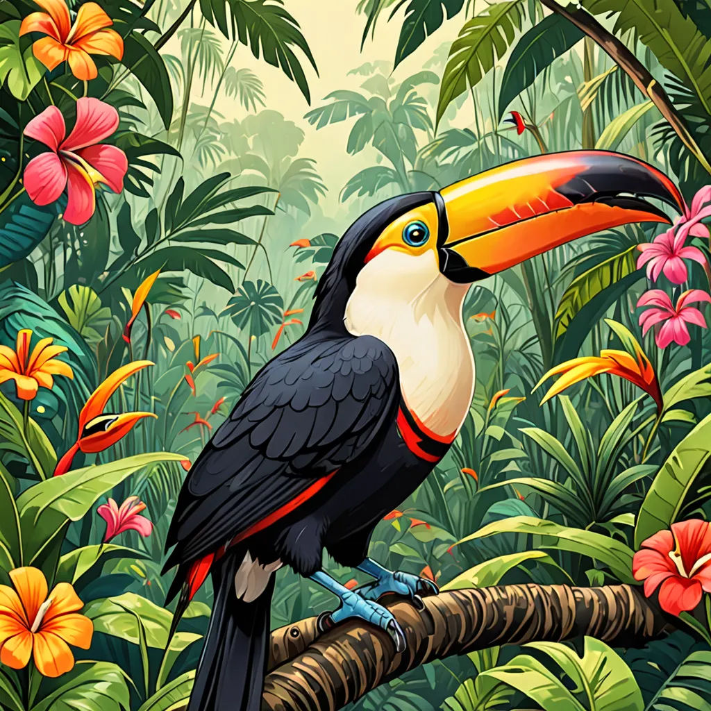 a toucan bird sitting on a branch in a tropical forest with flowers and plants around it,, psychedelic art, a storybook illustration, Chris LaBrooy, highly detailed digital painting
