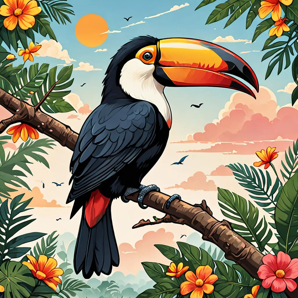 a colorful bird sitting on a branch in a tropical setting with flowers and birds around it, and a sky background, psychedelic art, a storybook illustration, Chris LaBrooy, tristan eaton