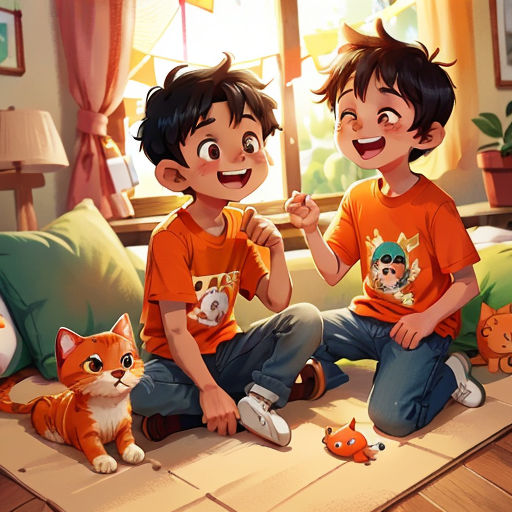 two boys sitting on a floor with cats and a cat toy in front of them, one of them holding a toothbrush