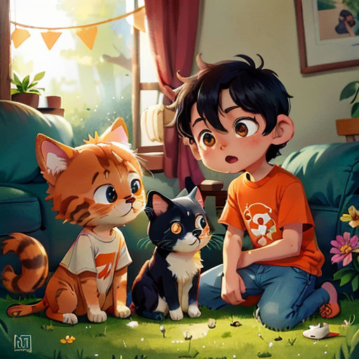a boy sitting on a couch next to a cat and a kitten kitten sitting on the ground next to a cat