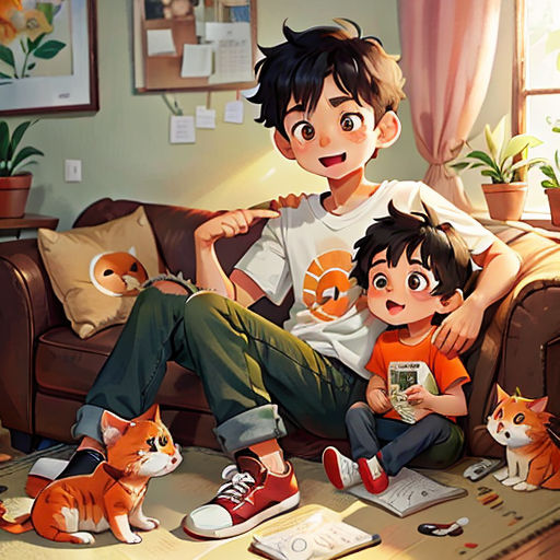 a boy and a boy sitting on a couch with cats and a cat toy in front of them and a cat laying on the floor