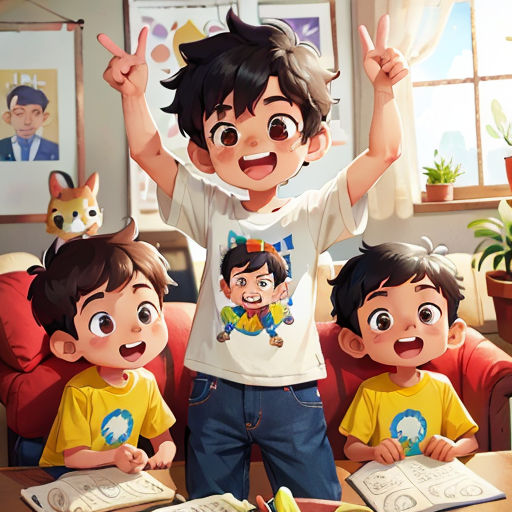 a boy standing in front of a group of children in a room with a book and a cat on the table