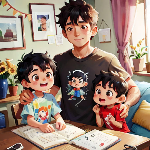a man and two children are standing in front of a book on a table with a phone and a laptop