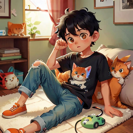 a boy sitting on a bed with two cats and a toy car in front of him and a cat laying on the floor