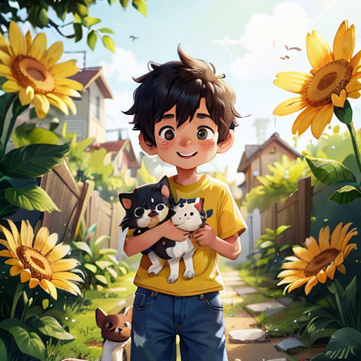 a boy holding a cat and a dog in a garden with sunflowers and a dog on a leash