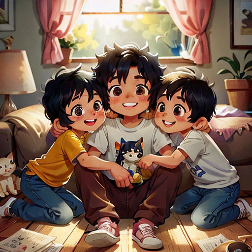 three children sitting on the floor with a cat in front of them and a cat on the floor behind them