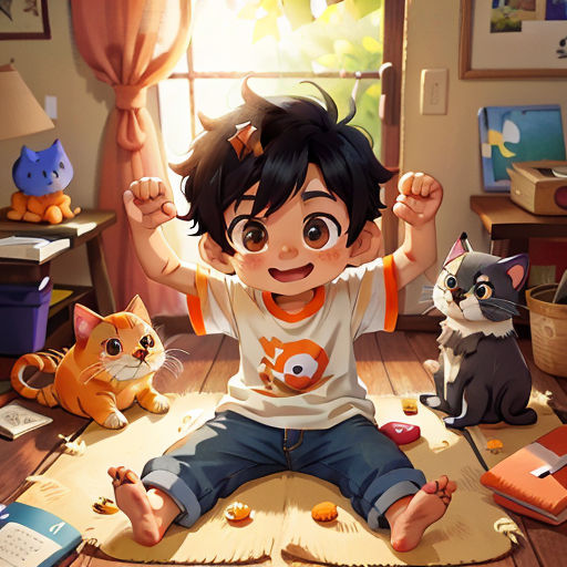 a boy sitting on the floor with two cats and a cat toy in front of him and a cat sitting on the floor