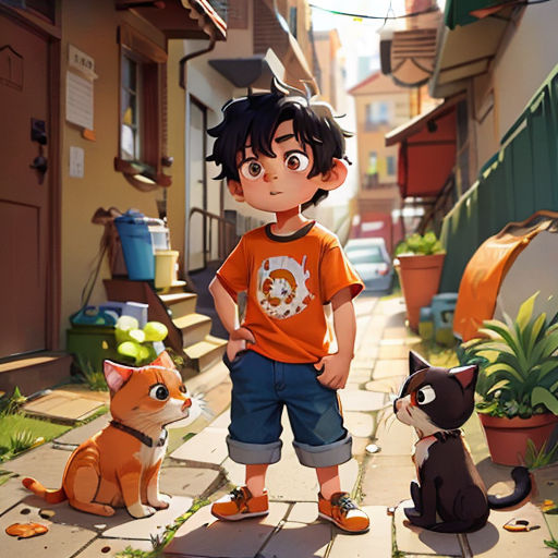 a boy standing next to a cat and a cat sitting on the ground in front of a house with a cat on the ground