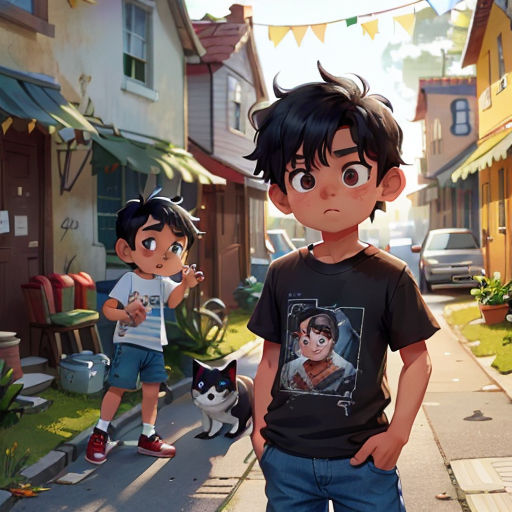 a boy and a girl standing on a street in a cartoon style with a dog nearby and a cat on the sidewalk