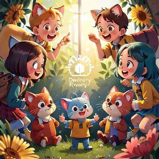 a group of children standing in front of a window with a cat and kitten on it's back