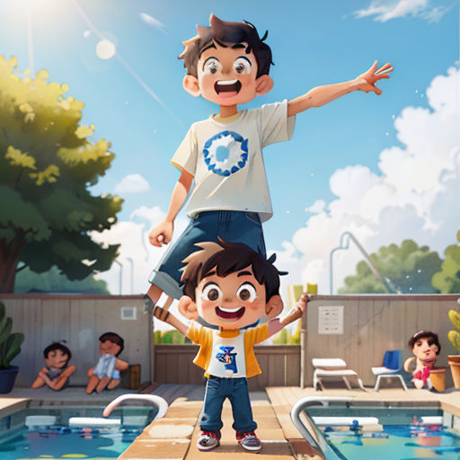 a boy and a boy standing on a floating pool with a girl standing on top of him and a boy standing on the edge of the pool