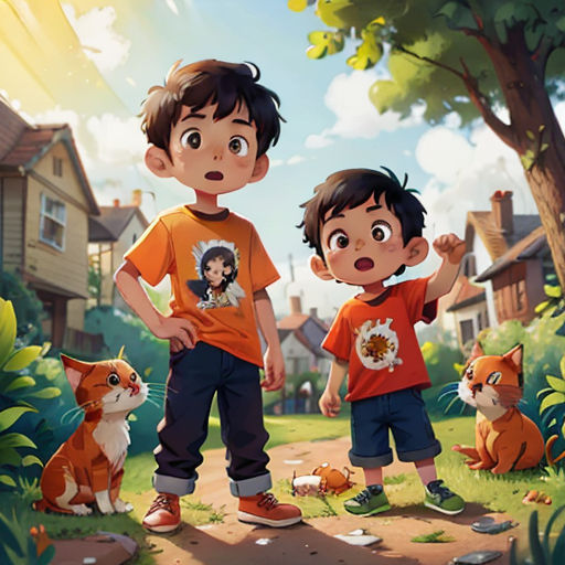 two children standing in the middle of a forest with a cat and a cat behind them, with a house in the background