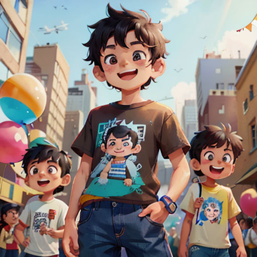 a group of children standing in a city street with balloons and buildings in the background, with a boy in the foreground