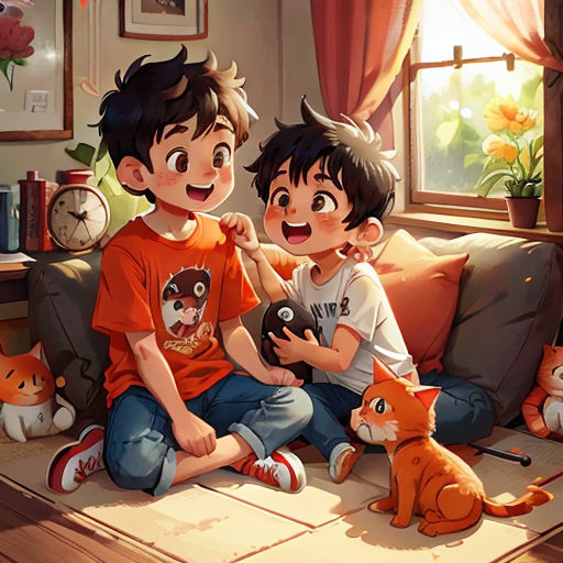 two boys sitting on a couch with a cat and a cat toy in front of them, and a cat and a cat on the floor