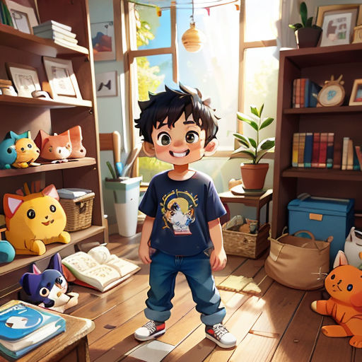 a boy standing in a room with many stuffed animals on the floor and shelves full of books and toys