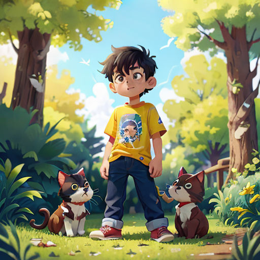 a boy standing next to two dogs in a forest with trees and grass behind him and a dog on the ground